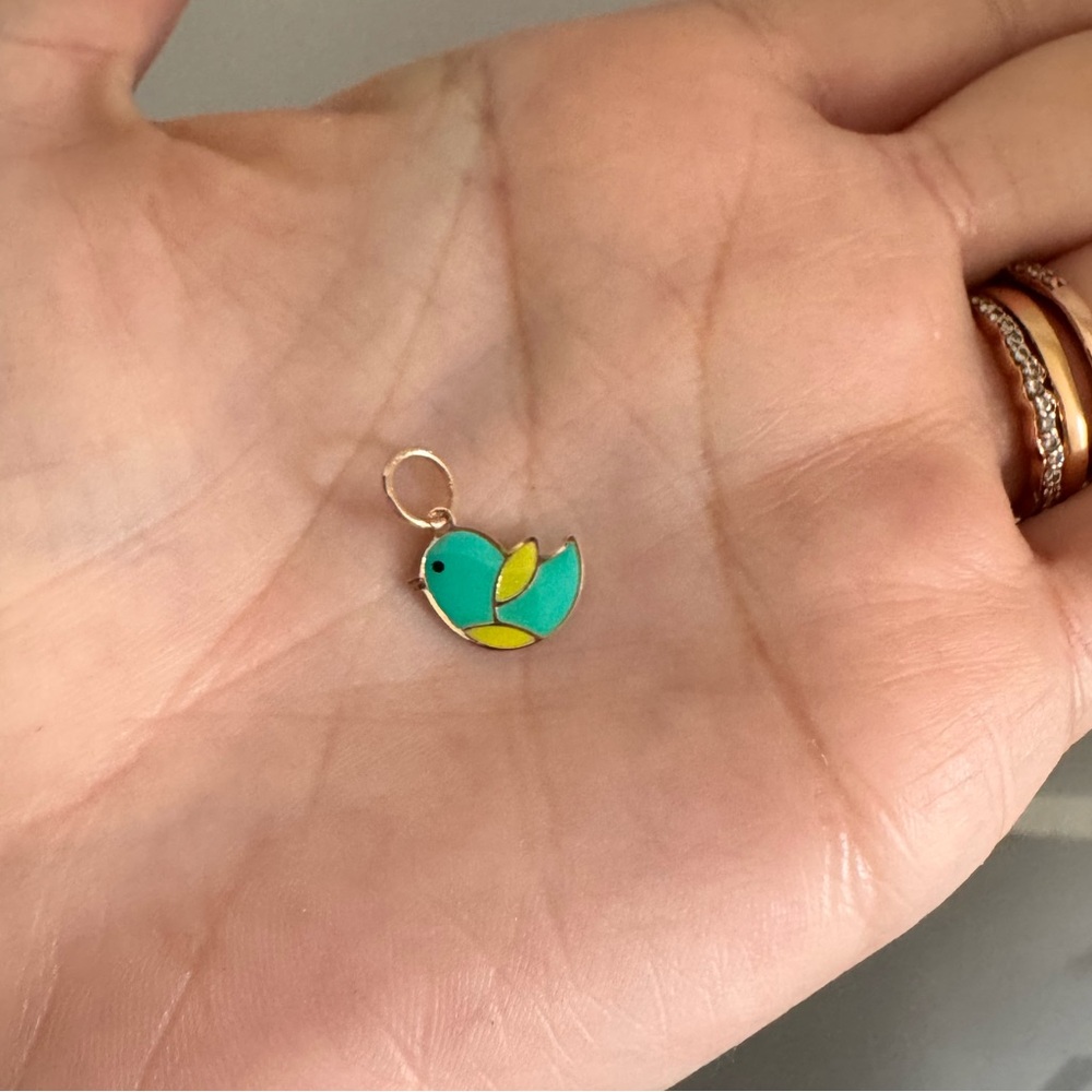 New Colorful Enamel Bird Pendant Charm in solid 14k yellow gold.